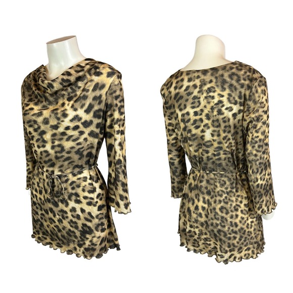 Y2K Sheer Leopard Print Cowl Neck Belted Tunic Shirt Top / Women’s Medium * - Picture 3 of 4